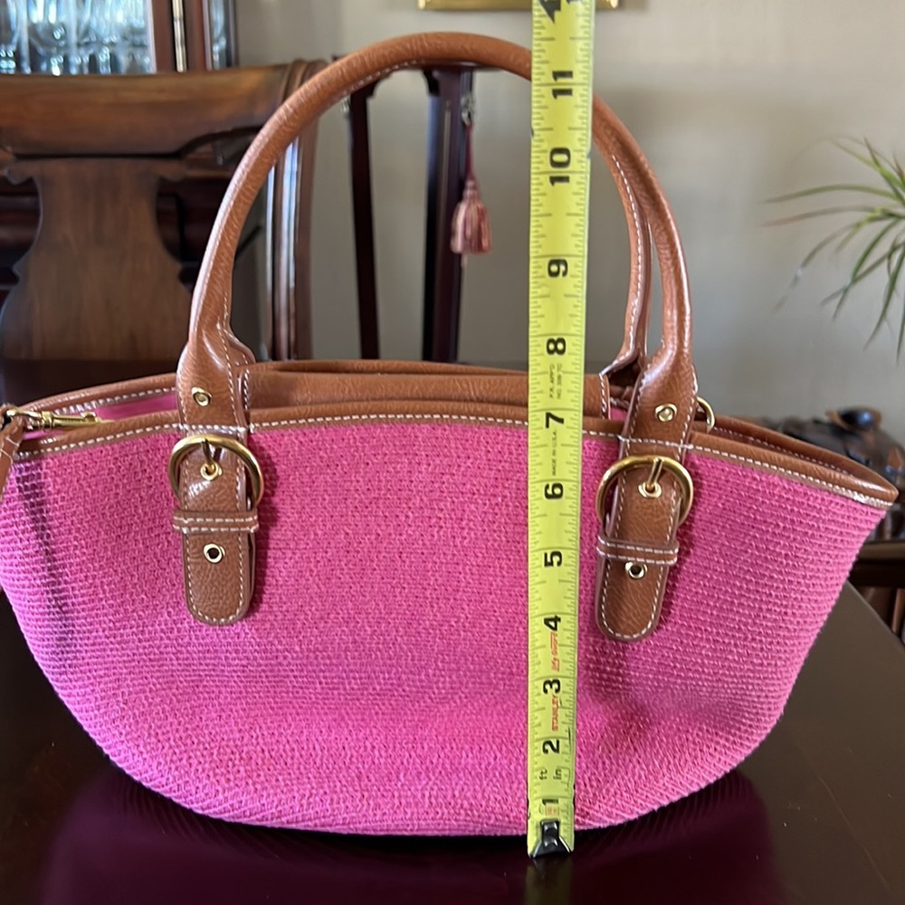 Pink Woven Straw Crossbody Bag Brown Trim Cotton Paper Tote - Picture 11 of 17